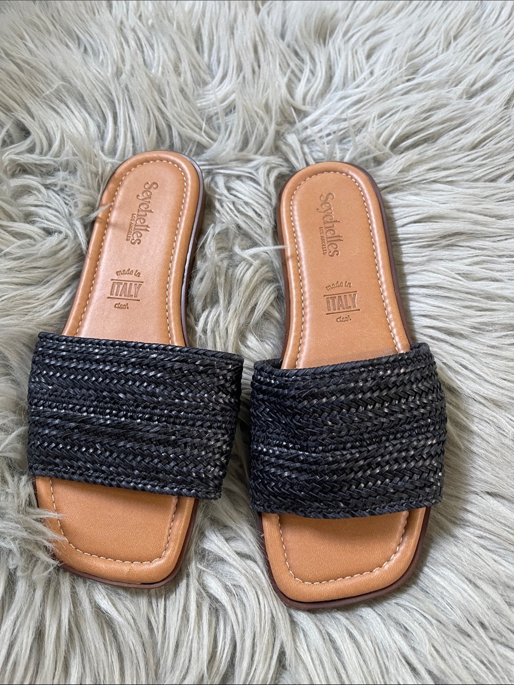 Seychelles Black Woven Slide Sandals with Tan Footbed